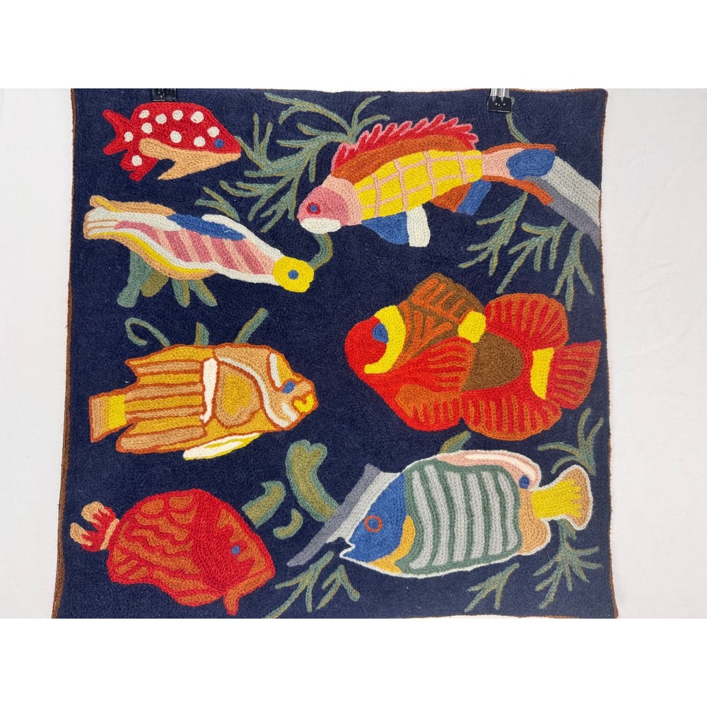 Kashmir Handmade Wool Embroidery Fish Pillow Cover Navy Blue 18x18 Square - Picture 8 of 8